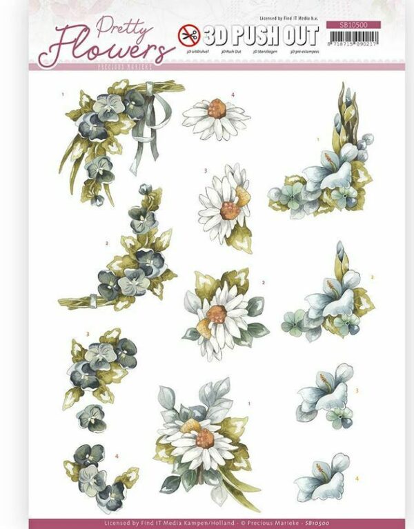 Couture 3D Diecut Decoupage A4 Pushout Kit Precious Marieke Pretty Flowers Blue