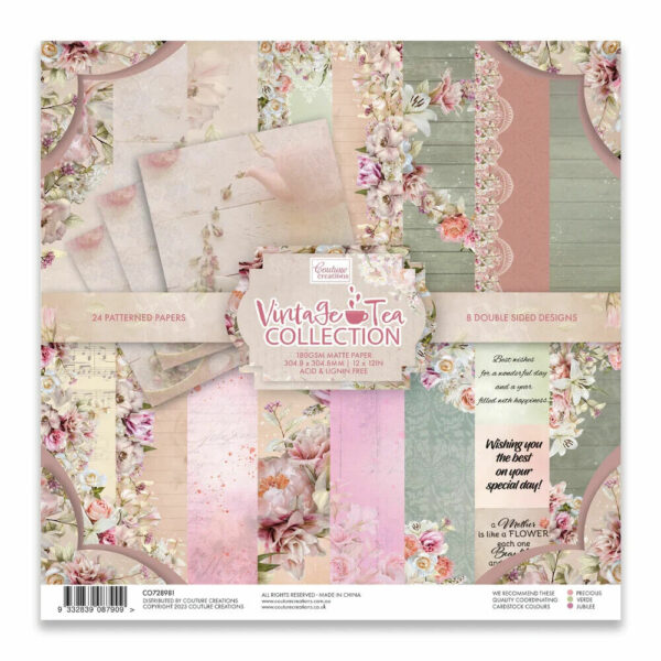 Couture Creations 12" 30cm Paper Pad - Vintage Tea 8 designs 24 Pages Roses