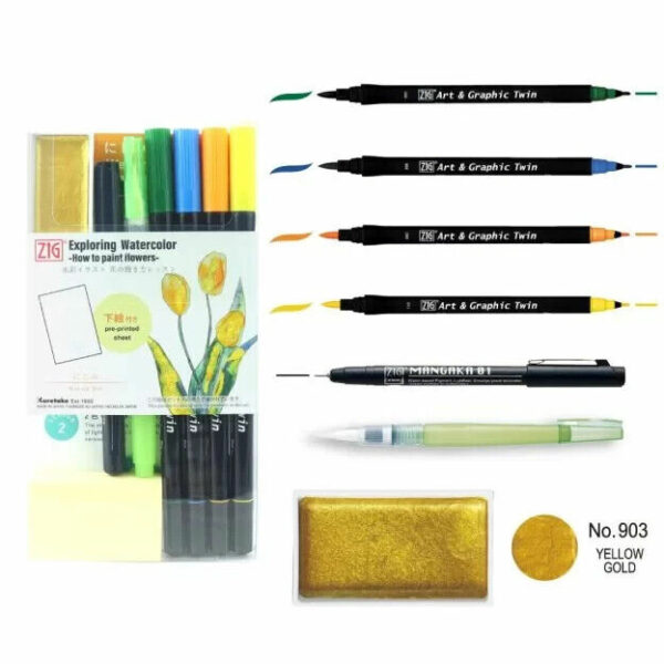 ZIG Watercolour Set – Flowers Wet on Wet Painting Brush Marker Set Drawing Green